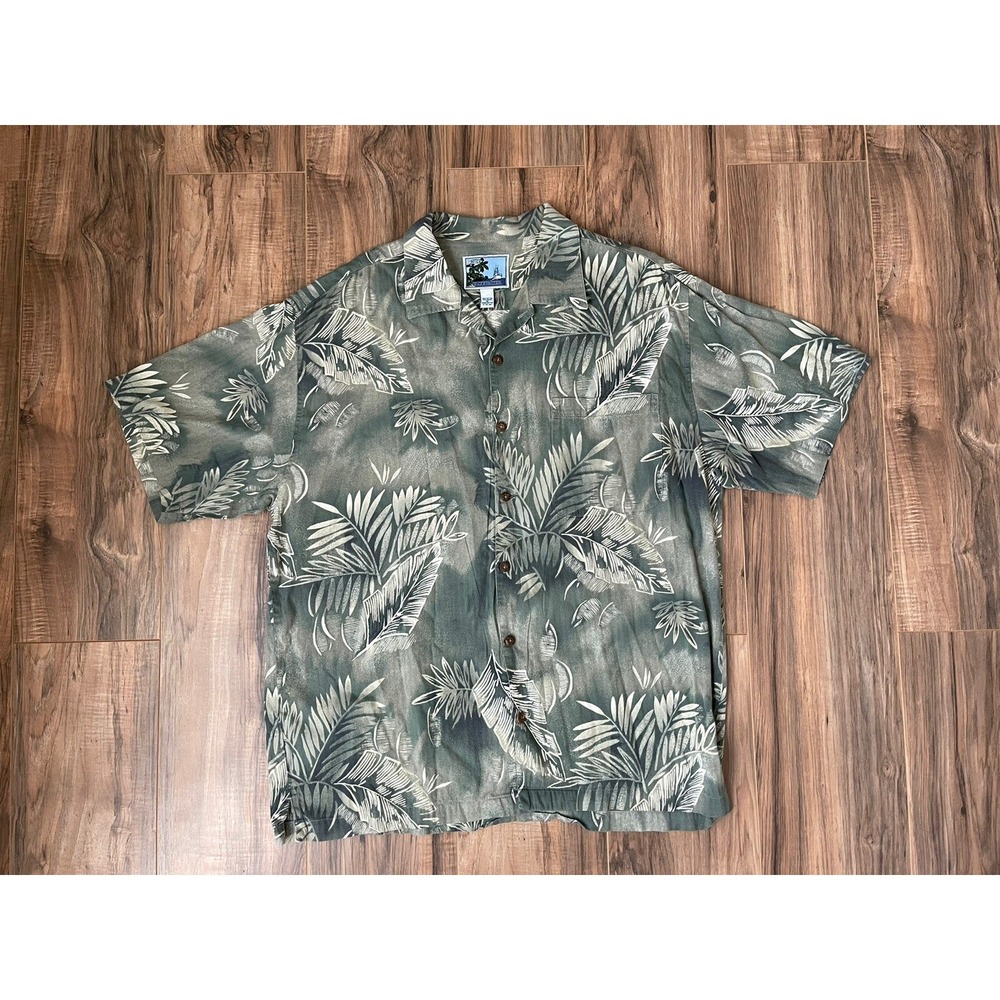 AFTCO Bluewater Mens XL Green Tropical Leaf Print Button Front Shirt Handcrafted